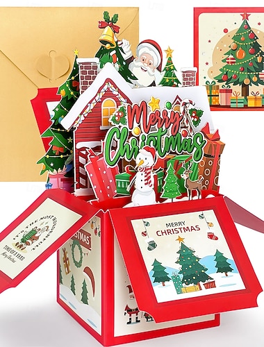  3D pop-up kerstkaart in een doos, kerstman &Kerstkaart met sneeuwpoppendorp, uniek handgemaakt cadeau voor kinderen, vrienden en familie, vrolijke kerstdecoratie voor op je bureau met envelop.