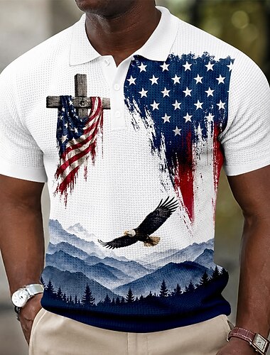  4 luglio 2026 250° Per uomo Bandiera Americana Magliette Polo a Nido d'Ape Manica Corta Magliette polo Camicie con Colletto Casual Athleisure Abbigliamento quotidiano Abbigliamento da festa Stampa 3D