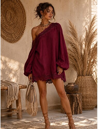  Damen Minikleid Boho-Kleid Elegant Urlaub Lässiger Schnitt Einfach Langarm Schulterfrei Weinrot blass rosa grau Schwarz Sommer