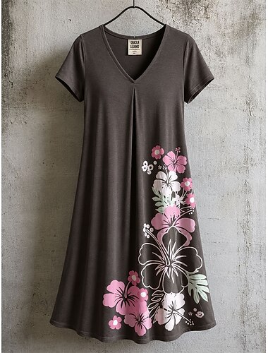  Damen Knielanges Kleid Shiftkleid T-Shirt-Kleid Sommerkleid Elegant Bohemien Urlaub Strand Party Ferien Normale Passform Blumen Stern Tropisch Kurzarm V Ausschnitt Weiß Kastanienbraun Rote Regenbogen