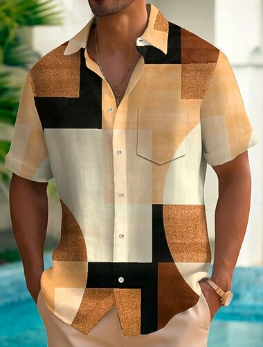  Per uomo Patchwork Geometria Color-blocking Camicia Camicia Estiva Manica Corta Casual Quotidiano All'aperto Vacanza al Mare Estate Primavera Collo ripiegato Stampa 3D Una tasca anteriore Camicie con
