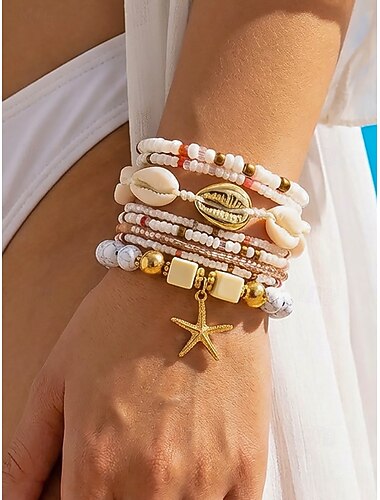  Set di 8 braccialetti da donna boho a strati con perline, ciondoli a forma di stella marina e conchiglia, in lega d'oro, a più fili, impilabili, gioielli da spiaggia per vacanze estive e viaggi in