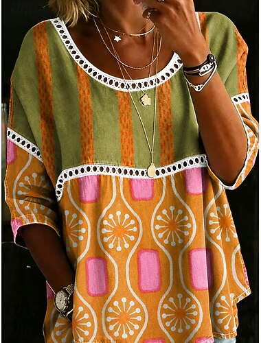  Mujer Sayo Estampado Graphic Cachemir Vintage Diario Elegante Manga 3/4 Cuello Barco Tops regulares Casual Diario Azul Piscina Naranja Verde Trébol Verano Primavera