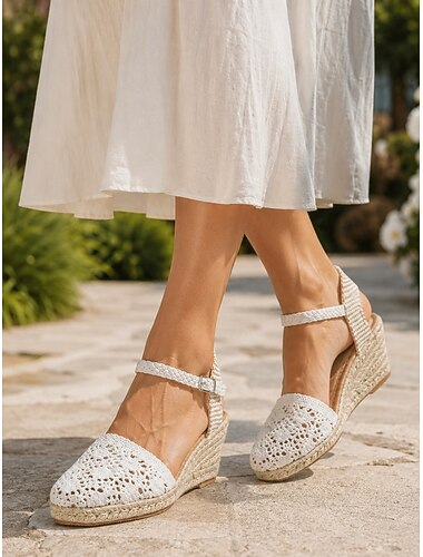  Damskor med espadriller i spets, bekväma sommarskor med fotledsrem och bröllopsgäster för strandsemester och eleganta outfits