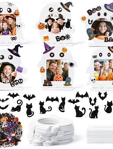  Halloween spook fotolijst knutselpakket - 16 onafgewerkte houten Halloween fotolijstjes met stickers voor kinderactiviteiten in de klas, doe-het-zelf Halloween spookjes tafeldecoratie voor thuis