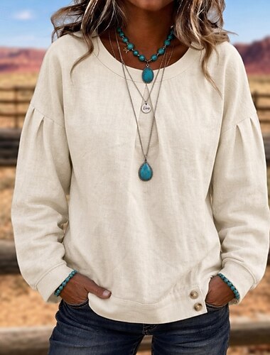  Mujer Camisa camisa boho Elegante Bohemia Vacaciones Manga Larga Cuello Barco Tops largos Casual Negro Rojo Azul cielo Verde Trébol Beige Verano Primavera Otoño