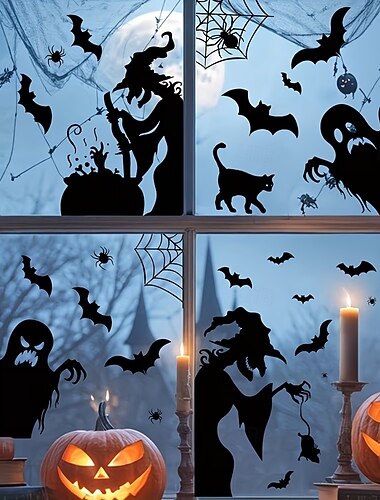  27 Halloween raamstickers, 3 vellen statische raamstickers met heks, spook, vleermuis, spin en zwarte kat voor glazen deuren, ramen, klaslokalen, kantoren, Halloweenfeesten en huisdecoratie.