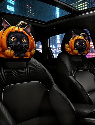  2/4 Stück Auto-Kopfstützenbezüge mit schwarzem Katzen-Kürbis-Motiv im Halloween-Stil, Innendekoration, universell passend, maschinenwaschbar, einfache Installation, geeignet für den täglichen