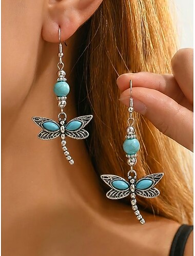  Damesoorbellen met turquoise libelle en vlinderhangers, vintage legering, boho oorbellen, natuurgeïnspireerde sieraden, perfect als cadeau voor een zomervakantie, tuinfeest of festival.