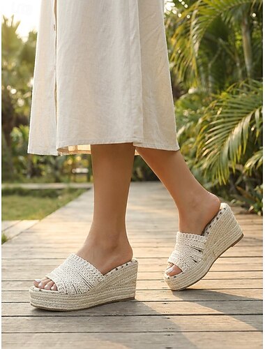 Espadrille-Sandalen mit gehäkelter Spitze und Keilabsatz – weiße, florale Plateau-Sandalen für Damen, ideal für Sommerurlaub und Picknicks im Freien &Resort-Kleidung