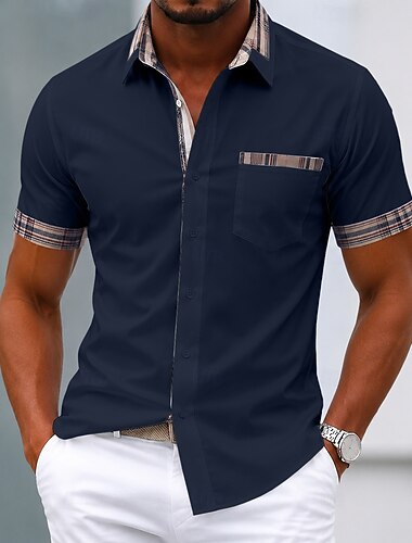  Per uomo Camicia Camicia elegante Camicia con Bottoni Blocco di colori Casuale Quotidiano Rosa chiaro Blu chiaro Nero Bianco Manica Corta Collo ripiegato Estate Abbigliamento Patchwork