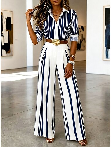  Dames shirt en broek sets met lange mouwen, shirt met kraag, grafische strepen, elegant, modieus, casual, dagelijks, blauw, zwart, bruin, zomer, normale pasvorm