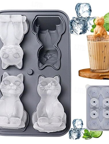  Niedliche 3D-Eiswürfelform in Katzenform aus lebensmittelechtem Silikon mit leichtem Entformungsmechanismus, wiederverwendbare Eiswürfelform in Tierform für Whisky, Kaffee, Cocktails,