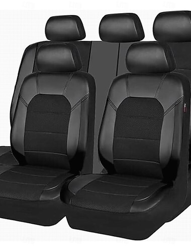  Complete set van 9 universele autostoelhoezen, zwart PU-leer &Ademende mesh-stof stoelbeschermers voor auto's, SUV's, sedans en vrachtwagens, waterdicht &duurzame interieurstylingaccessoires