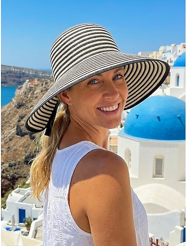  Stripete sammenleggbar solhatt for kvinner, bred brem polyester strandhatt for kvinner, pakkbar sommerferiecaps, elegant UV-beskyttelseshatt