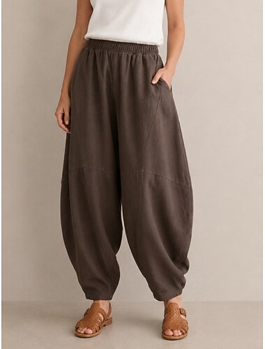  damebukser i lin med medium midje, full lengde, lomme, elastisk linning, ferie, ris, hvit, svart