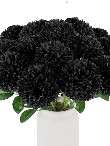  黒色の造花菊12本、ゴシック調のインテリア、ハロウィンのテーブルセンターピース、フラワーアレンジメント、結婚式の装飾、花瓶の詰め物、屋内パーティーに最適なリアルなシルク製の造花菊ブーケ