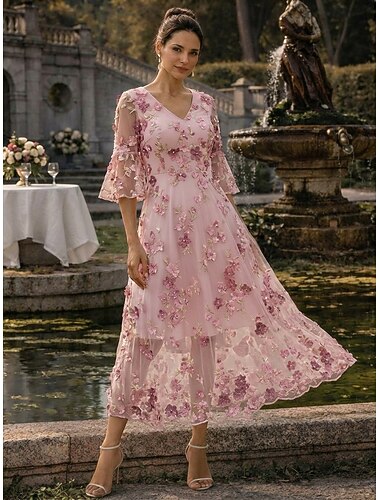  A-linje Klänningar Ankellång Telång Maxiklänning Festklänning Cocktail klänning Klänning till brudens mor Kortärmad V-hals Elegant Vintage Lyxig Formell Bröllopsgäst Kentucky Derby Chiffong Tyll med