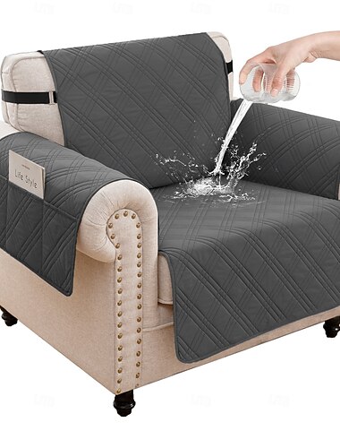  Capa para sofá de 1 lugar para animais de estimação, 100% impermeável e resistente a derramamentos, capa acolchoada de 4 camadas com bolsos laterais, antiderrapante, lavável, protetora de móveis cinza