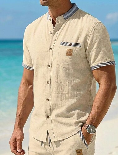  Da uomo Camicia Camicia di lino Camicia Estiva Camicia da Spiaggia Tinta unica Casuale Quotidiano Blu Nero Blu marino Cachi Manica Corta Colletto alla coreana Estate Primavera Abbigliamento Patchwork