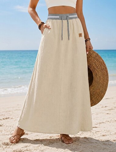  Per donna Miscela di lana Essenziale Casual Maxi Vita Alta Gonne Coulisse Inelastico blu navy Cachi Nero Azzurro cielo Estate