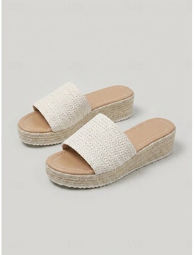 Damen Strand Urlaub Keilabsatz Runde Zehe Bohemien Urlaub Leinen Loafer Beige