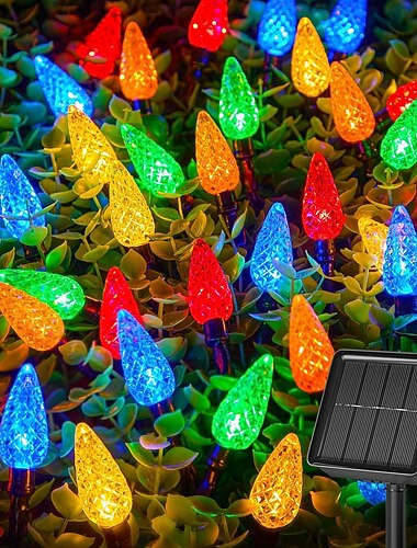  Guirlande lumineuse solaire de Noël extérieure C6 à motif fraise, guirlande LED féérique de Noël rechargeable à énergie solaire pour sapin de Noël, décoration de jardin et de tonnelle.
