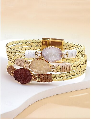  Women's Bohemian Braided Faux Leather Wrap Bracelet with Druzy Crystal Stone Magnetic Clasp Layered Wrist Cuff Jewelry for Beach Vacation Festival Travel Casual Wear