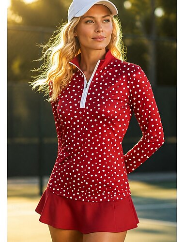  Damen Punkt Oberteile Sporthemd Tennis Shirt Tennistop Langarm Reißverschluss Blumen UPF50+ UV-beständig Hohe Elastizität Feuchtigkeitsableitend Atmungsaktiv Volleyball Tennis Golfspiel Hoher
