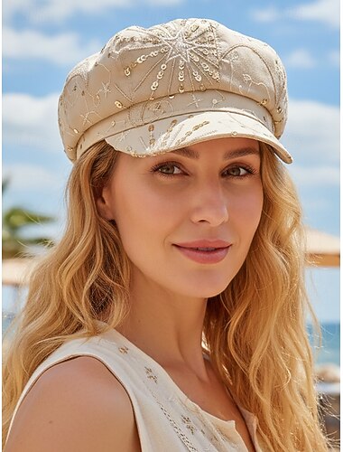  berretto estivo da donna con paillettes a forma di stella, in rete traspirante. &misto lino, resort &Cappello piatto da viaggio, color oro champagne beige/bianco/nero, elegante copricapo da donna