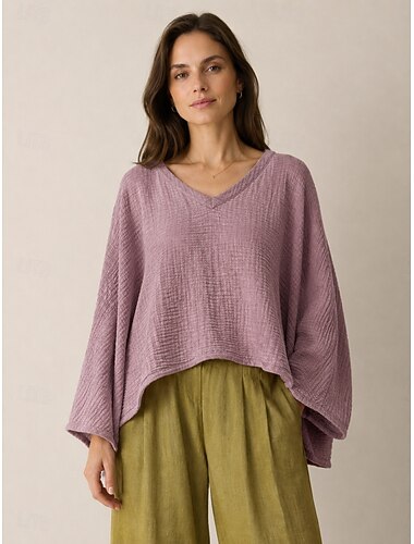  Blusa feminina de algodão com decote em V e mangas compridas