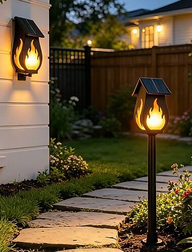  1 st utomhusvägglampa med solcellslåga – vattentät, flimrande eldeffekt, LED-lampa för trädgårdsgång, uteplats, gräsmatta, veranda, dekorativ lampa, energibesparande för sommarfester, camping