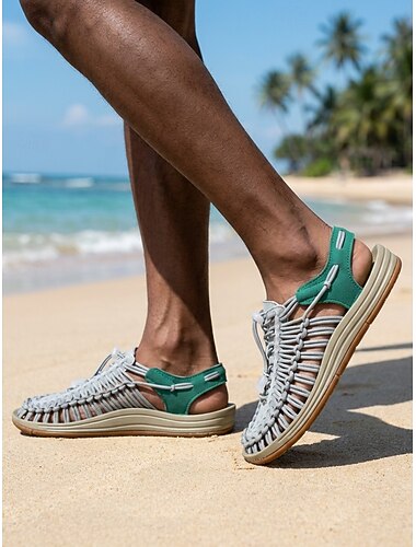  Herrsandaler med vävda mönster för strandsemester, stängda promenadskor med casual tå, andningsbara sommarsandaler för resort, havet, resor