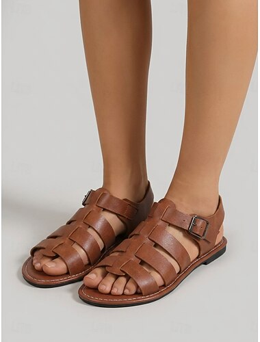  Women's Brown Faux Leather Fisherman Gladiator Sandals with Adjustable Buckle Strap, Casual Flat Summer Sandals for Travel, Vacation and Everyday Wear