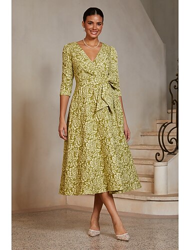  Femmes Ligne A Robe de Cocktail Robe d'invité de mariage Longueur thé Col en V croisé Manche 3/4 Taille haute Élégant La mère de la mariée Semi-Formel avec Jacquard Floral Noeud(s) Trèfle
