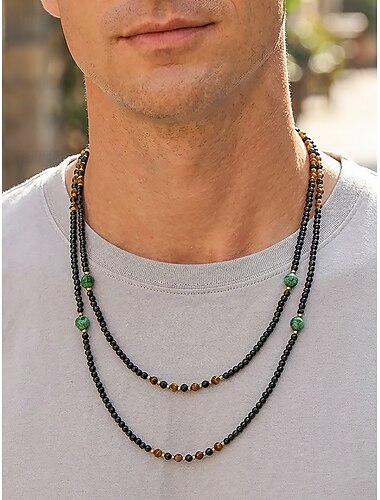  Herenketting met dubbele laag natuurlijke zwarte agaat kralen, bohemian gelaagde stenen ketting sieraden voor een casual zomerse strandvakantie.