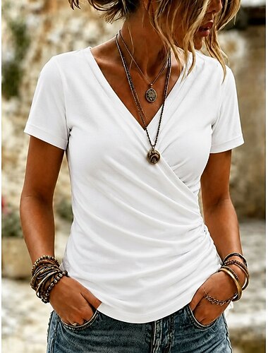  Damen-T-Shirt, einfarbig weiß, Wickeloptik, V-Ausschnitt, kurze Ärmel, geraffte Seite, schmal geschnitten, lässiges Basic-Crop-Top