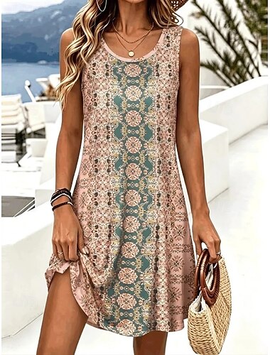  Dames Mini-jurk Zonnejurk A lijn jurk Zomerjurk Vakantie Casual Boho Strand Feest Bruiloft Normale pasvorm Bloemig Grafisch Mouwloos Strakke ronde hals blauw Groen Khaki Zomer Lente Herfst Winter