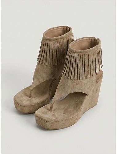  Dames boho sleehak sandalen met franjes - suède platform teenslippers met kwastjes bij de enkel voor het Coachella muziekfestival &openlucht rave