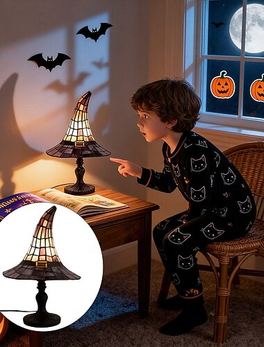  Hexenhutlampe, USB-betriebene Tischlampe aus Kunstharz, Halloween-Tischlampe im gotischen Hexen-Stil, Akzent-Nachtlicht für Schlafzimmer, Nachttisch, Wohnzimmer, Regal, Partydekoration