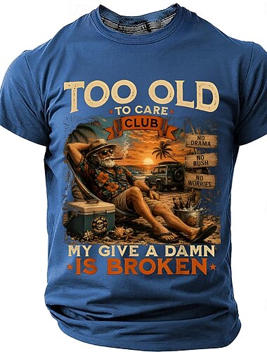  Pánský klub příliš starý na to, aby se staral, můj blbec je rozbitý, starý muž kouří doutník pláž západ slunce vtipné retro ležérní grafický tričko s krátkým rukávem dovolená značkové oblečení