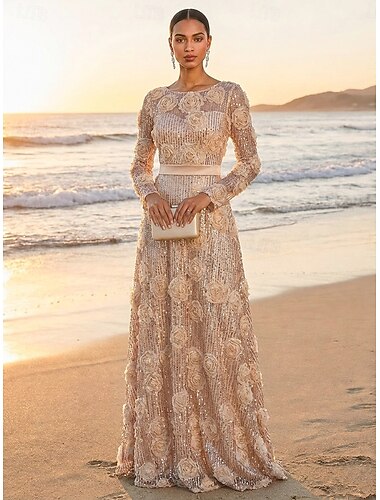  A-linje Golvlång Klänning till brudens mor Långärmad Halsbåt Elegant Vintage Lyxig cocktail Formell Bröllopsgäst Tyll Spandex Satin Chiffong med 3D-blommor Paljett Blomma