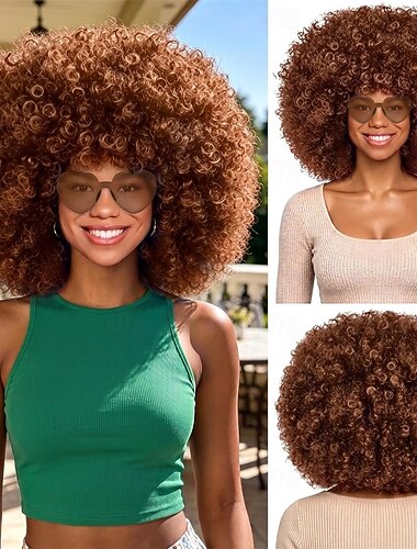  parrucca afro riccia marrone con cuore e occhiali da sole per uomo e donna, grandi parrucche afro vaporose e divertenti da discoteca, capelli sintetici corti da festa con frangia, retina per capelli,