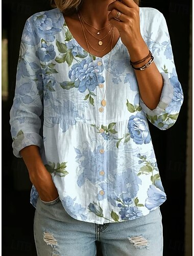  Dames Overhemd Met ruches Knop Ombre Bloemig Grafisch Elegant Bohemen Vakantie V-hals Lange tops Casual Wit Hemelsblauw Zomer Lente