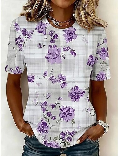  Dames T-shirt Kleurenblok Afdrukken Grafisch Geometrisch Gestreept Vintage Stijlvol Klassiek Korte mouw Strakke ronde hals Ronde hals Lange tops Casual Dagelijks Blozend Roze Licht Paars Paars Zomer