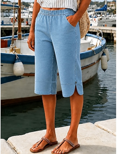  Mujer Vaqueros Pantalón corto Pantalones cortos Burmuda Pantalones Cortos Moda Medio corto Alta cintura Clásico Comodidad Elástico Vacaciones Formal Azul Marino Azul Claro Gris Verano Primavera