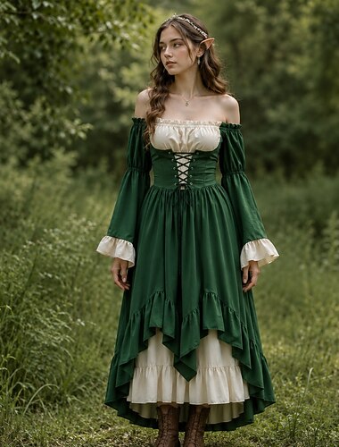  Retro / vintage Medeltida kostymer Renässans Asymmetrisk Klänningar Lång ärm Fe Korsett Maskeradkläder Dam fantasi Halloween Karnival Renässansmässan LARP Vuxna Klänning