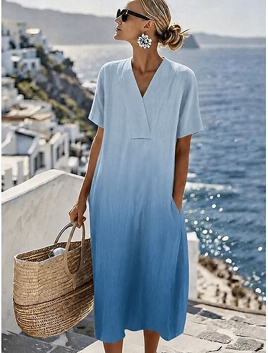  Damen Midikleid Shiftkleid Sommerkleid Urlaub Lässig Strand Normale Passform Ombre Grafik Kurzarm V Ausschnitt Blau Purpur Orange Sommer Frühling