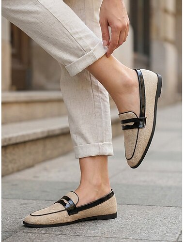  Beige gewebte Damen-Loafer – flache Slipper mit schwarzem Lacklederbesatz für Leinenhosen, lässige Streetwear