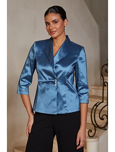  Femmes Hauts Chemisiers Revers Manche 3/4 Élégant Décontracté Quotidien La mère de la mariée robe demoiselle d honneur avec Tissu caméléon Strass Paillettes Détail de taille orné Bleu Encre